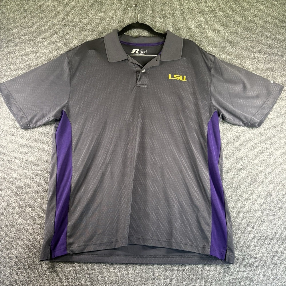 LSU Tigers Russell Athletic Polo Shirt Men's XL Gray Purple Embroidered NCAA